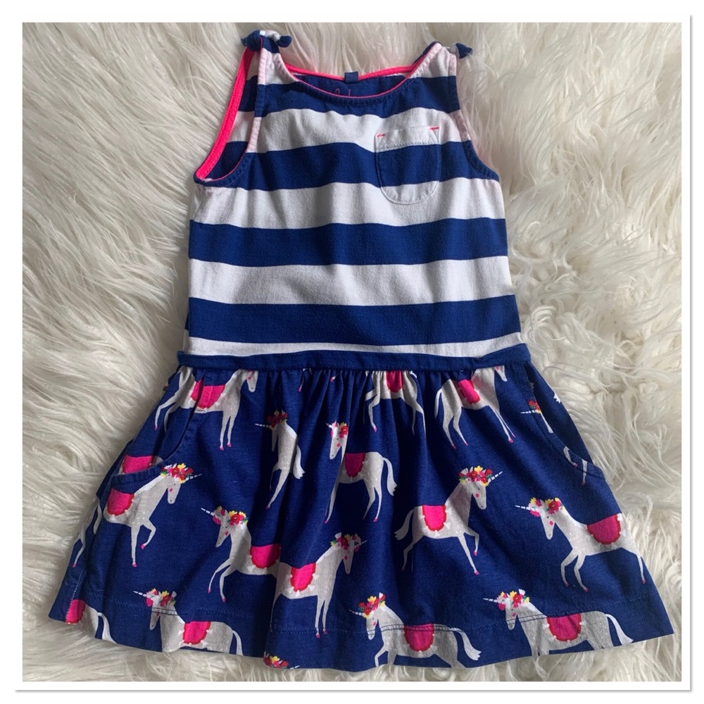 Mini Boden Hotchpotch Jersey Dress Unicorn Striped Blue Pink Size 3-4Y